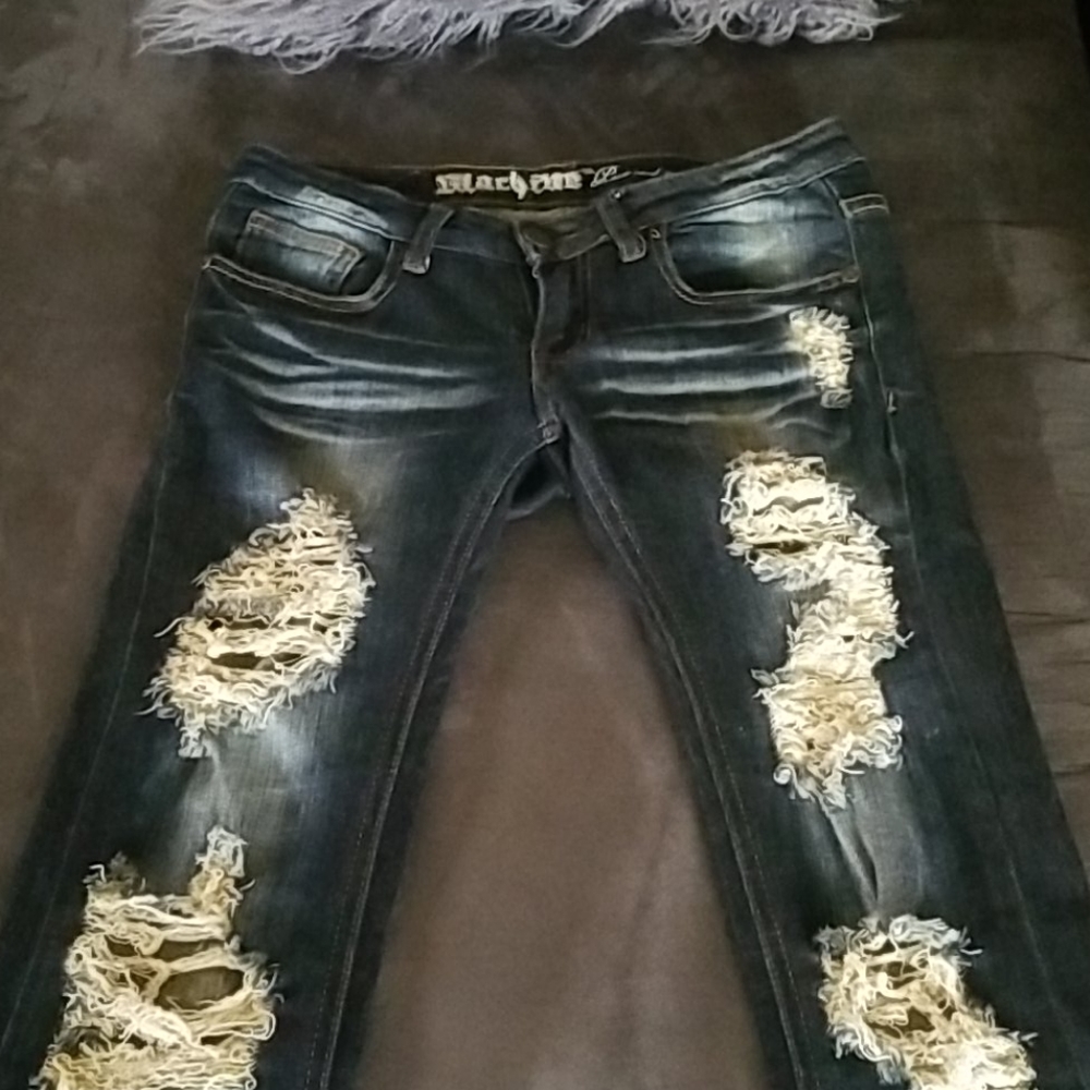 Machine dark blue flared distressed jeans